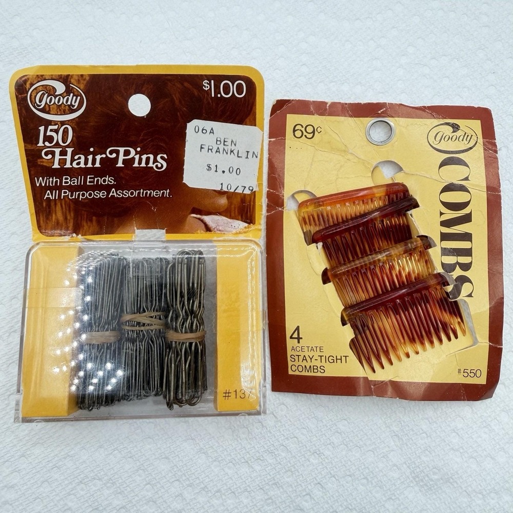 1975 GOODY 4 Stay Tight Acetate Mini Combs #550 NOS 2" 150 Hairpins Vintage